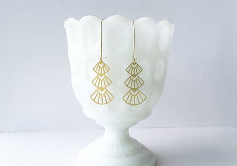 Art Deco Triangles Stacked Gold Long Earrings