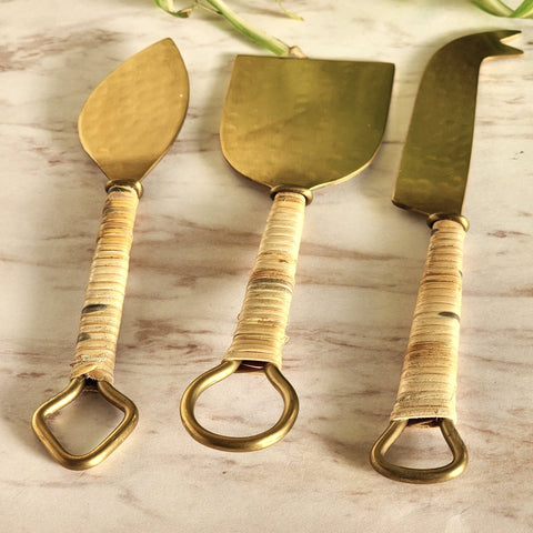 Rattan-Wrapped Gold Cheese Knife Set - image 8