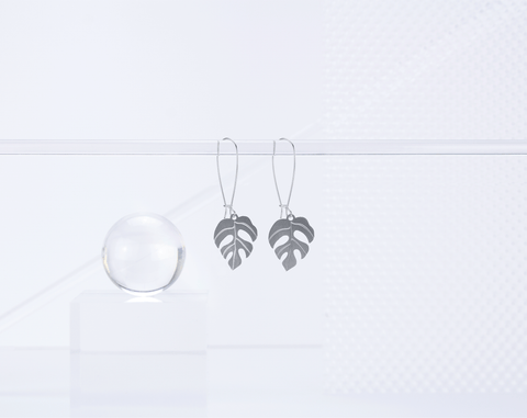 Mini Monstera Leaf Silver Long Earrings
