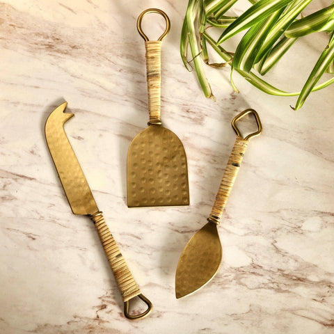 Rattan-Wrapped Gold Cheese Knife Set - image 6