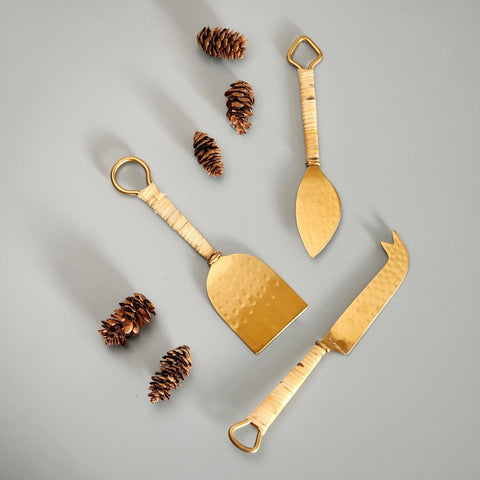 Rattan-Wrapped Gold Cheese Knife Set - image 3
