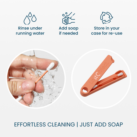 Rinse under running water, add soap if needed, store in the case