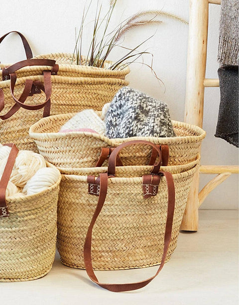 Straw shopping tote with leather handles