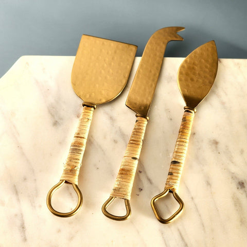 Rattan-Wrapped Gold Cheese Knife Set - image 5