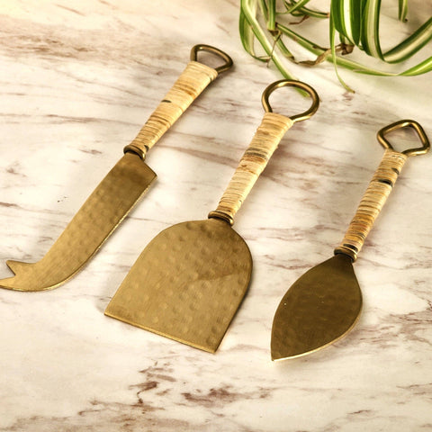 Rattan-Wrapped Gold Cheese Knife Set - image 9
